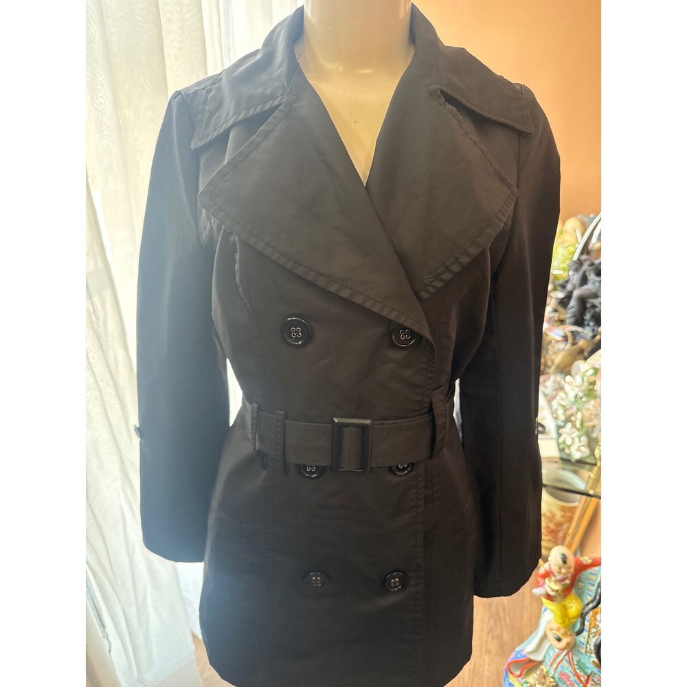 Wet Seal Black Double Breasted Belted Trench Coatā Small Notched Lapel Outerwear